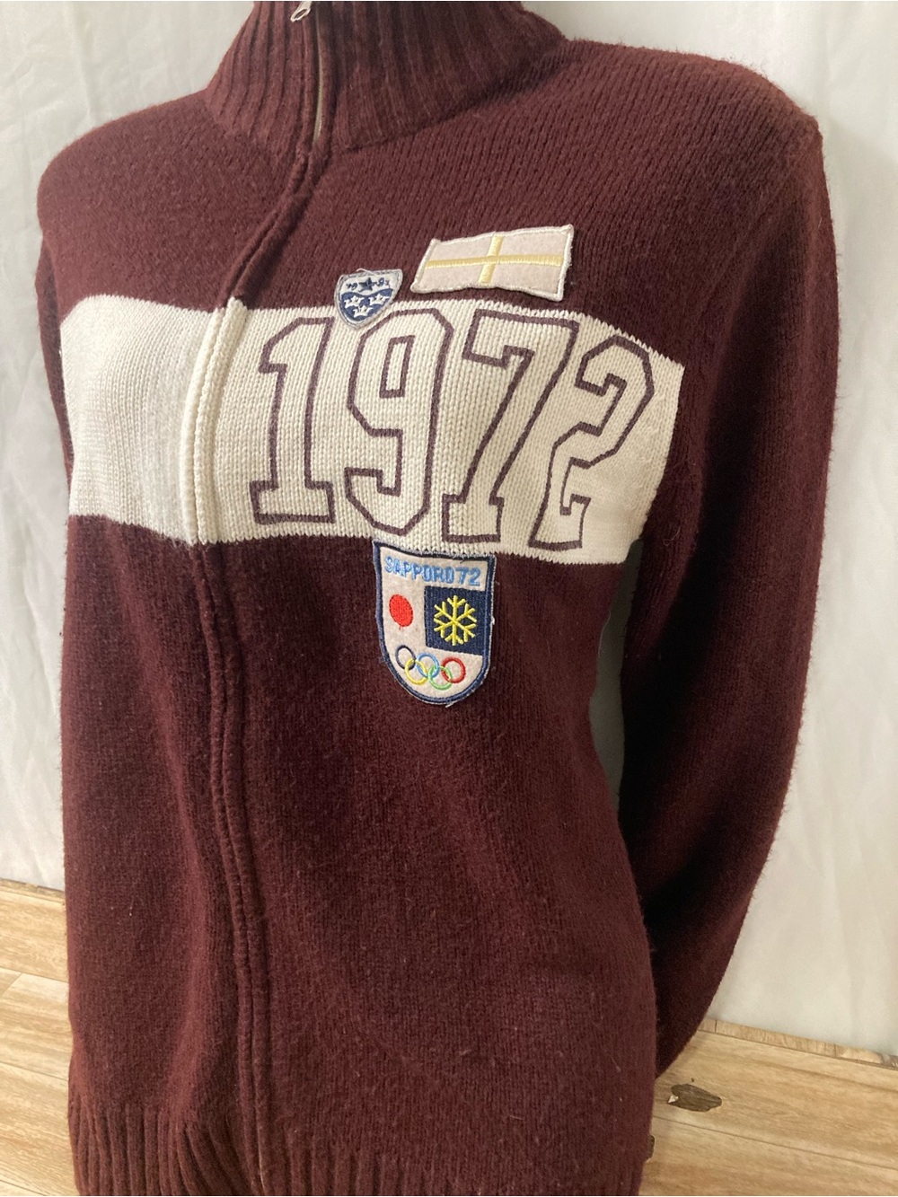 Vintage 1972 Sapporo Olympics Zip Knit Sweater Brown Cream Y2K Ski M
